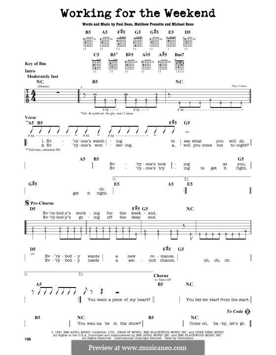 Working for the Weekend (Loverboy): Для гитары by Matthew Frenette, Michael Reno, Paul Dean