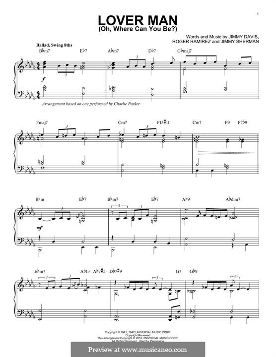 Lover Man (Oh, Where Can You Be?): Для фортепиано by Jimmie Davis, Jimmy Sherman, Roger Ramirez