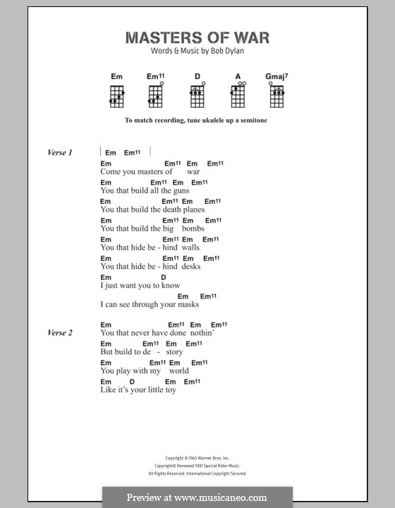 Masters of War: Текст, аккорды by Bob Dylan