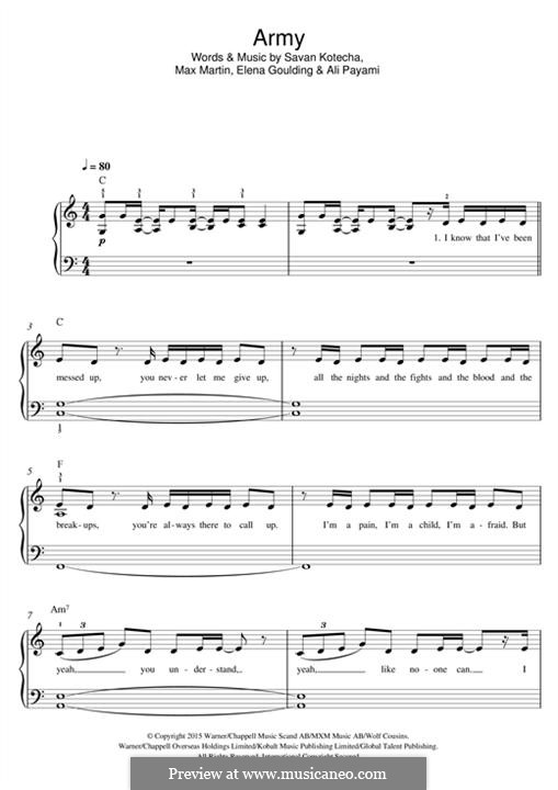 Army: Для фортепиано by Ellie Goulding, Max Martin, Savan Kotecha, Ali Payami