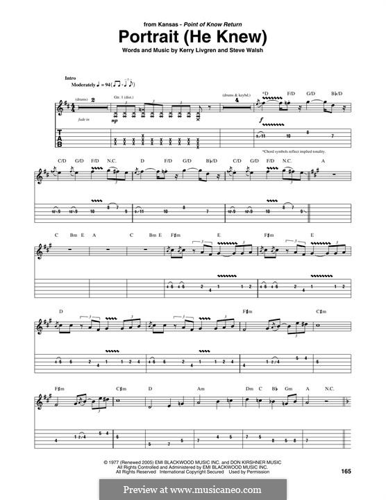 Portrait (He Knew): For guitar with tab (Kansas) by Kerry Livgren, Steve Walsh