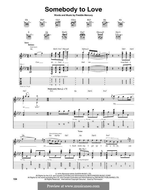 Somebody to Love (Queen): Гитарная табулатура by Freddie Mercury