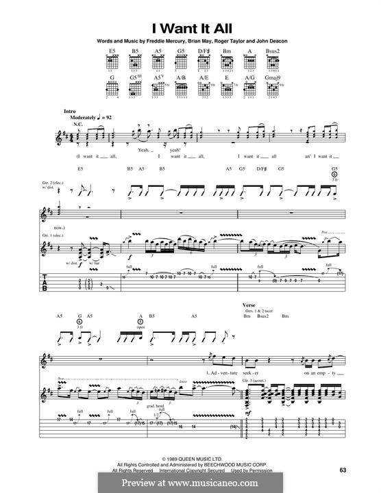 I Want it All (Queen): Гитарная табулатура by Brian May, Freddie Mercury, John Deacon, Roger Taylor