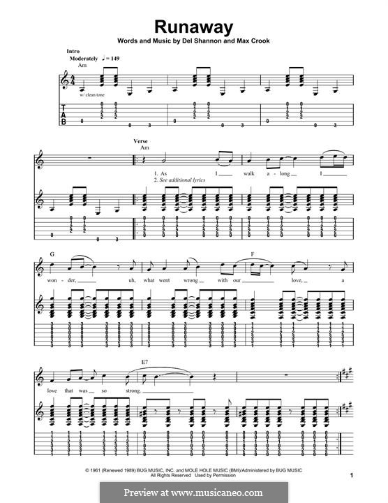 Runaway: Гитарная табулатура by Del Shannon, Max Crook