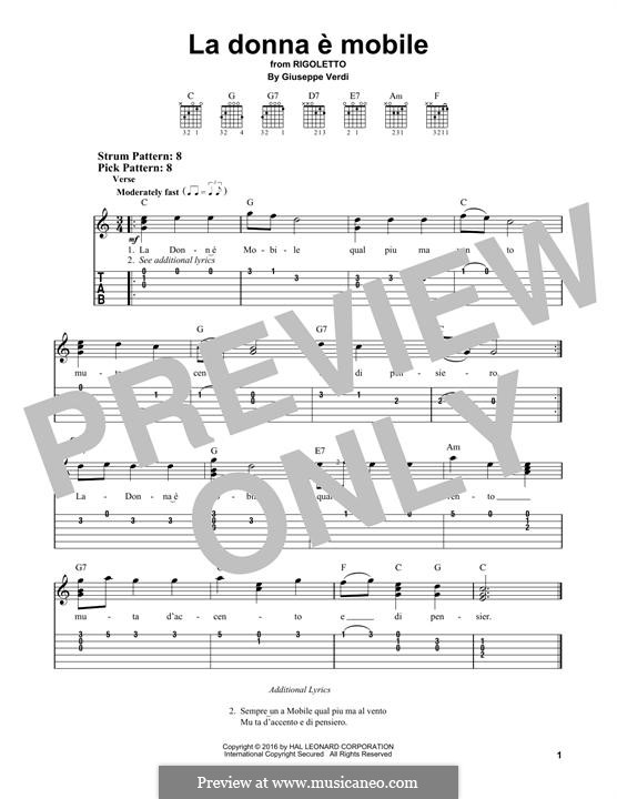 La donna è mobile (Over the Summer Sea) printable scores: Для гитары by Джузеппе Верди