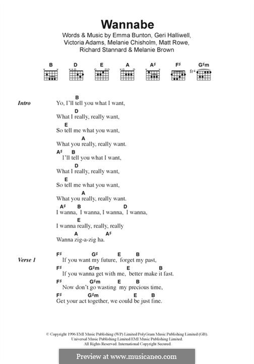 Wannabe (The Spice Girls): Текст, аккорды by Emma Bunton, Geri Halliwell, Matt Rowe, Melanie Brown, Melanie C, Richard Stannard, Victoria Adams
