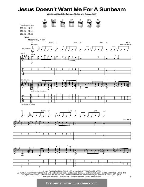 Jesus Doesn't Want Me for a Sunbeam (Nirvana): Гитарная табулатура by Edward Harry Kelly, Frances McKee