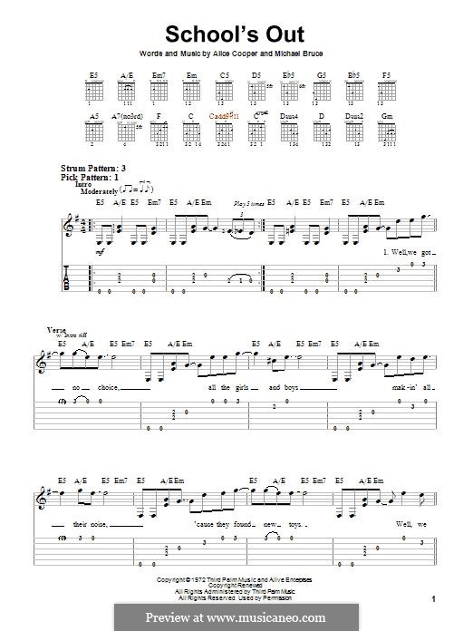 School's Out: Гитарная табулатура by Alice Cooper, Dennis Dunaway, Glen Buxton, Michael Bruce, Neal Smith