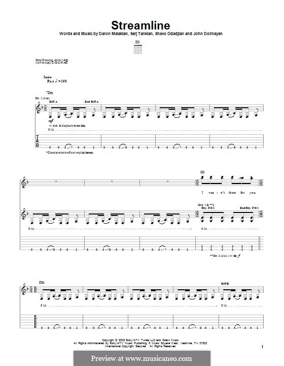 Streamline (System of a Down): Гитарная табулатура by Daron Malakian, John Dolmayan, Serj Tankian, Shavo Odadjian