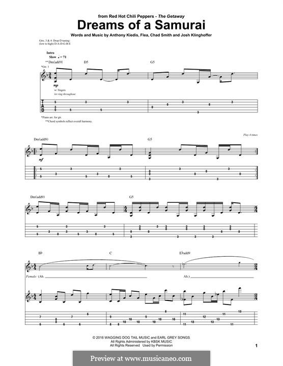 Dreams of a Samurai (Red Hot Chili Peppers): Гитарная табулатура by Flea, Anthony Kiedis, Chad Smith, Josh Klinghoffer