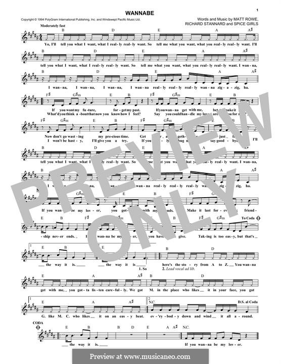 Wannabe (The Spice Girls): Текст, аккорды by Emma Bunton, Geri Halliwell, Matt Rowe, Melanie Brown, Melanie C, Richard Stannard, Victoria Adams