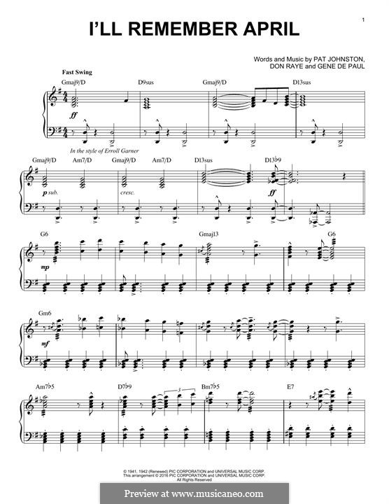 I'll Remember April (Woody Herman): Для фортепиано by Don Raye, Gene de Paul, Patricia Johnson