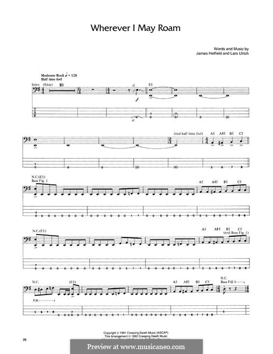Wherever I May Roam (Metallica): Для бас-гитары с табулатурой by James Hetfield, Lars Ulrich