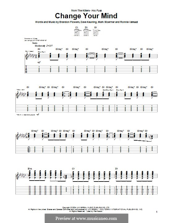 Change Your Mind (The Killers): Гитарная табулатура by Brandon Flowers, Dave Keuning, Mark Stoermer, Ronnie Vannucci