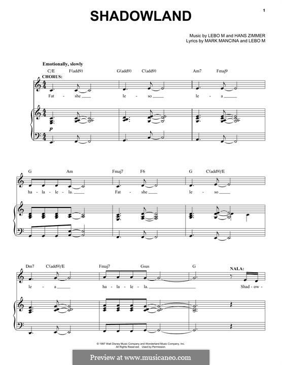 Shadowland (from The Lion King: Broadway Musical): Для голоса и фортепиано (или гитары) by Hans Zimmer, Lebo M