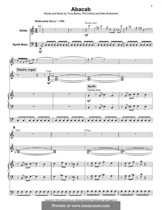 Abacab (Genesis): For synthesizer and guitar by Tony Banks, Mike Rutherford, Phil Collins