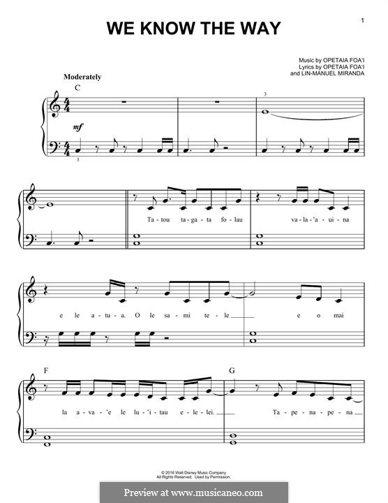 We Know The Way (from Moana): Для фортепиано by Lin-Manuel Miranda, Mark Mancina, Opetaia Foa'i