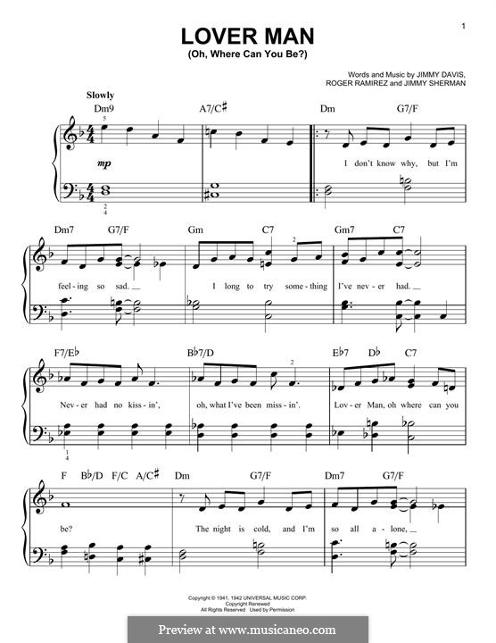 Lover Man (Oh, Where Can You Be?): Для фортепиано by Jimmie Davis, Jimmy Sherman, Roger Ramirez