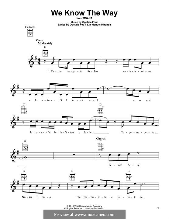 We Know The Way (from Moana): Для укулеле by Lin-Manuel Miranda, Mark Mancina, Opetaia Foa'i