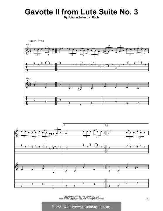 Сюита для лютни No.3 соль минор, BWV 995: Gavotte II, for guitar by Иоганн Себастьян Бах