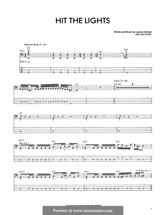 Hit the Lights (Metallica): Для бас-гитары с табулатурой by James Hetfield, Lars Ulrich