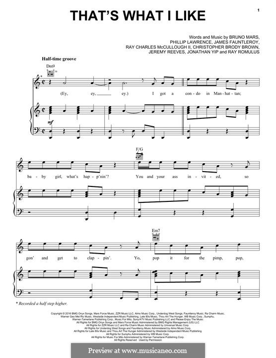 That's What I Like: Для голоса и фортепиано (или гитары) by James Fauntleroy II, Jeremy Reeves, Jonathan Yip, Bruno Mars, Philip Lawrence, Ray Romulus, Christopher Brody Brown, Ray Charles McCullough II