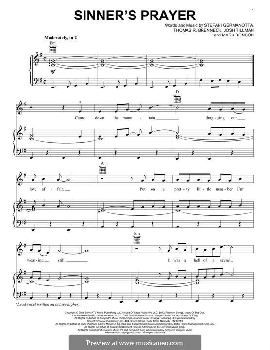 Sinner's Prayer (Lady Gaga): Для голоса и фортепиано (или гитары) by Mark Ronson, Stefani Germanotta, Thomas R. Brenneck, Josh Tillman
