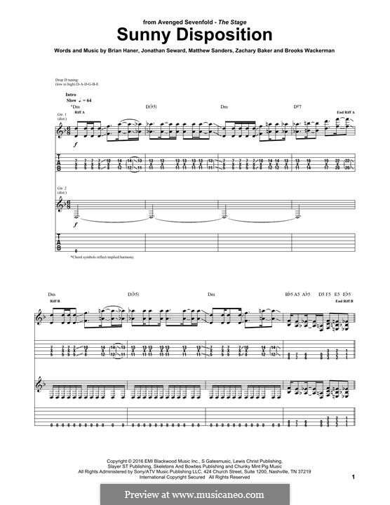 Sunny Disposition (Avenged Sevenfold): Гитарная табулатура by Brian Haner Jr., Jonathan Seward, Matthew Sanders, Zachary Baker, Brooks Wackerman