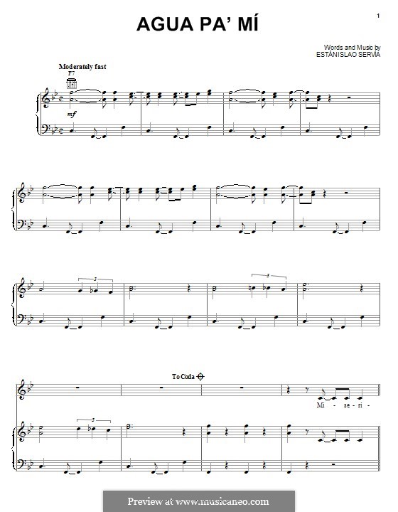 Agua Pa' Mi (Celia Cruz): Для голоса и фортепиано (или гитары) by Estánislao Servía