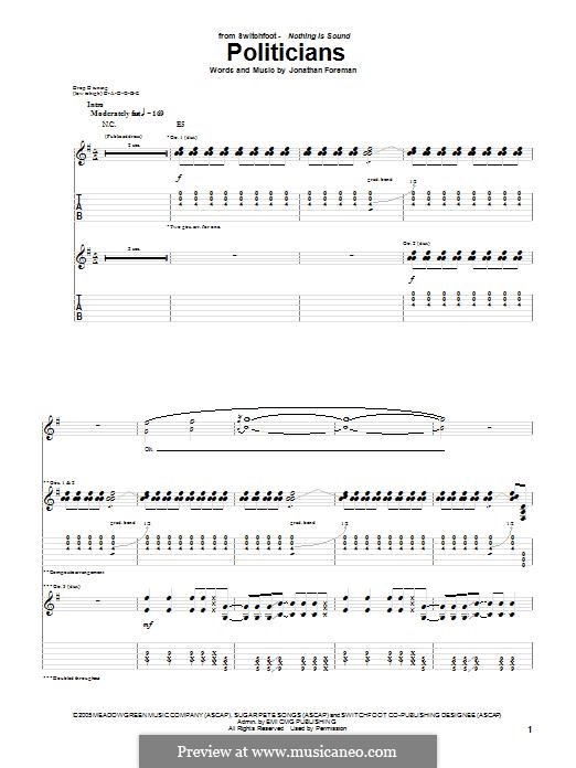 Politicians (Switchfoot): Гитарная табулатура by Jonathan Foreman