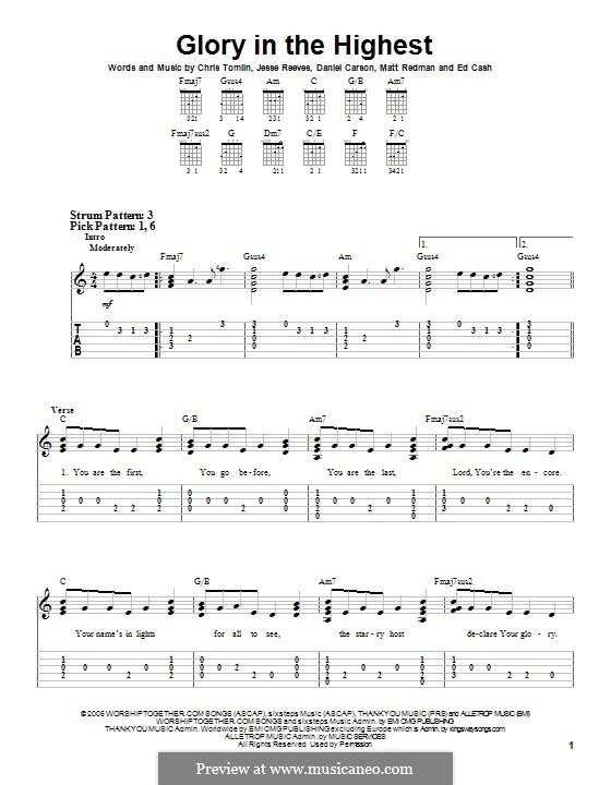 Glory in the Highest: Гитарная табулатура by Chris Tomlin, Daniel Carson, Ed Cash, Jesse Reeves, Matt Redman