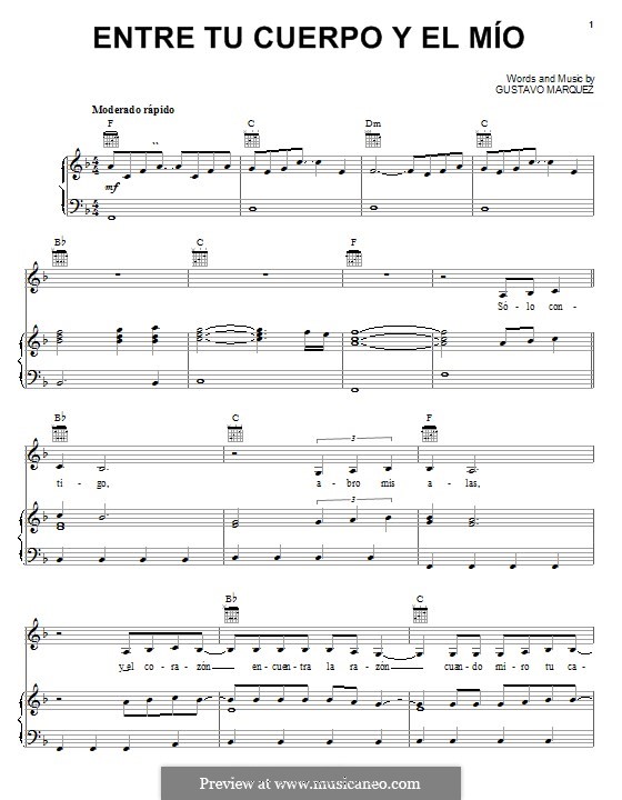Entre Tu Cuerpo Y El Mio (Milly Quezada): Для голоса и фортепиано (или гитары) by Gustavo Marquez