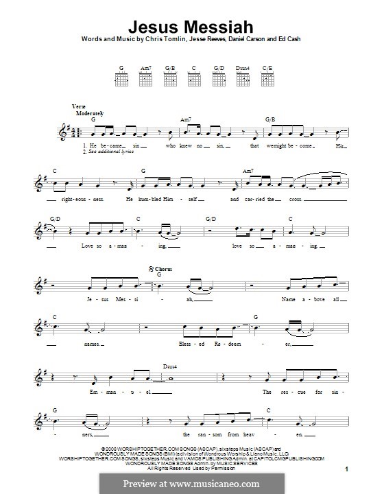 Jesus Messiah: Гитарная табулатура by Chris Tomlin, Daniel Carson, Ed Cash, Jesse Reeves