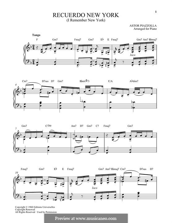 Recuerdo New York: Для фортепиано by Астор Пьяццолла
