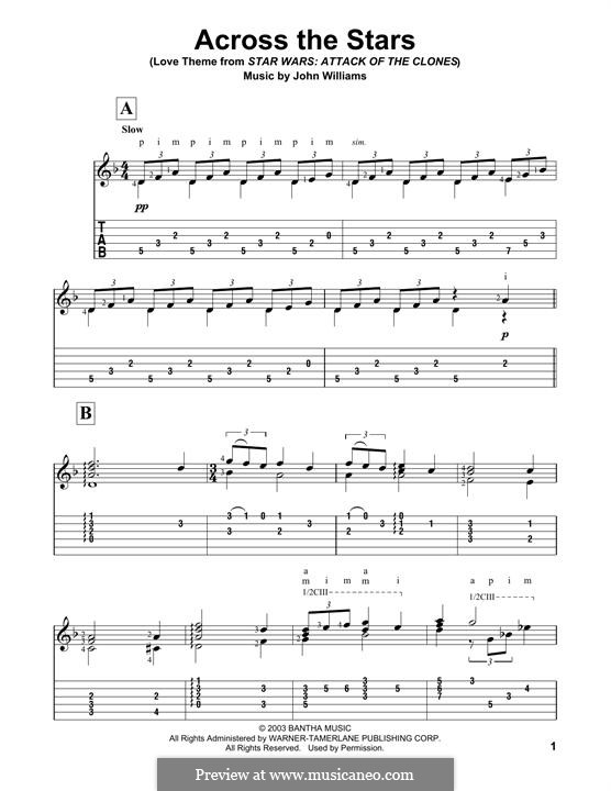 Across The Stars (from Star Wars: Attack Of The Clones): Гитарная табулатура by John Williams