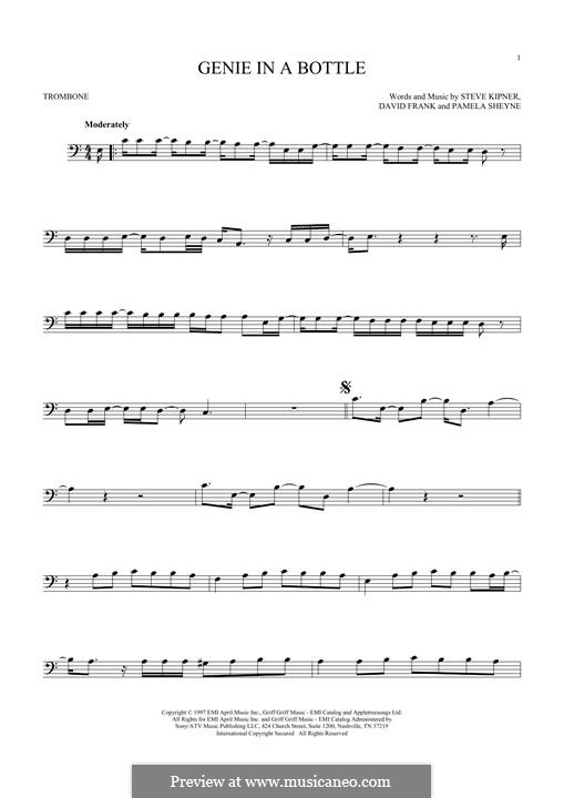 Genie in a Bottle (Christina Aguilera): For trombone by David Frank, Pamela Sheyne, Stephen Alan Kipner