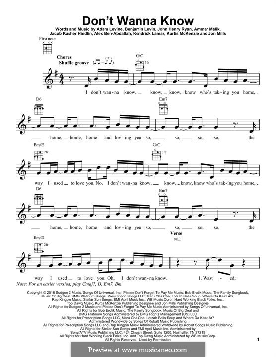 Don't Wanna Know (Maroon 5): Для укулеле by Adam Levine, Ammar Malik, Benjamin Levin, Jacob Kasher Hindlin, Jon Mills, Kurtis McKenzie