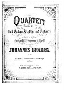 Струнный квартет No.3 си-бемоль мажор, Op.67: Версия для фортепиано by Иоганнес Брамс