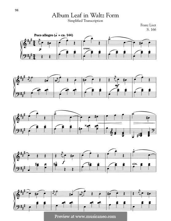 Листок из альбома в форме вальса, S.166: Simplified version by Франц Лист