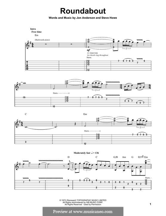 Roundabout (Yes): Гитарная табулатура by Jon Anderson, Steve Howe