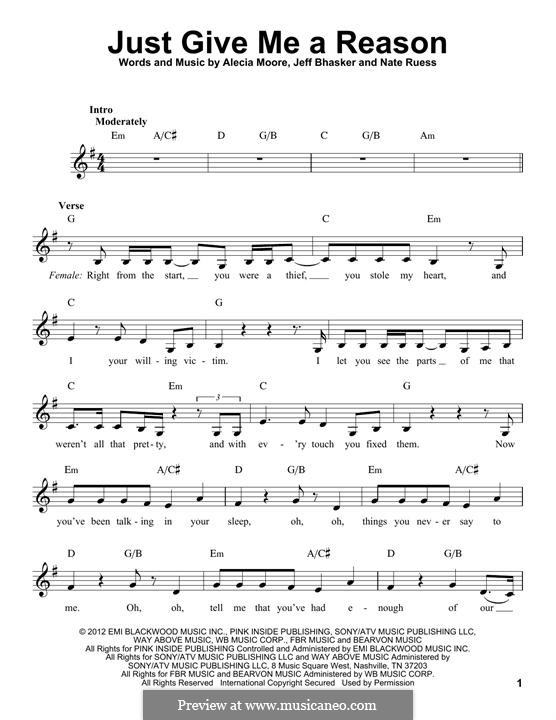 Just Give Me a Reason (Pink): Мелодия by Alecia Moore, Jeff Bhasker, Nathaniel Ruess