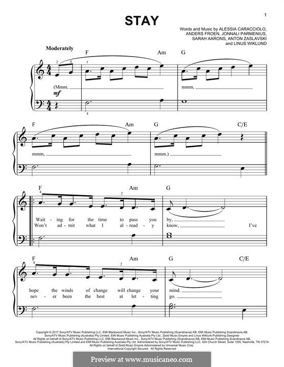 Stay (Zedd & Alessia Cara): Для фортепиано by Jonnali Parmenius, Linus Wiklund, Anton Zaslavski, Alessia Cara, Anders Froen, Sarah Aarons