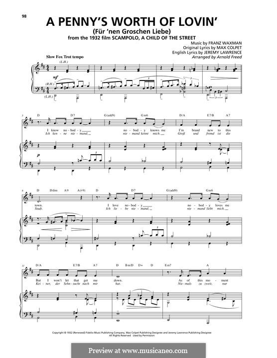 A Penny's Worth of Lovin' (Für 'nen Groschen Liebe): Для голоса и фортепиано (или гитары) by Franz Waxman
