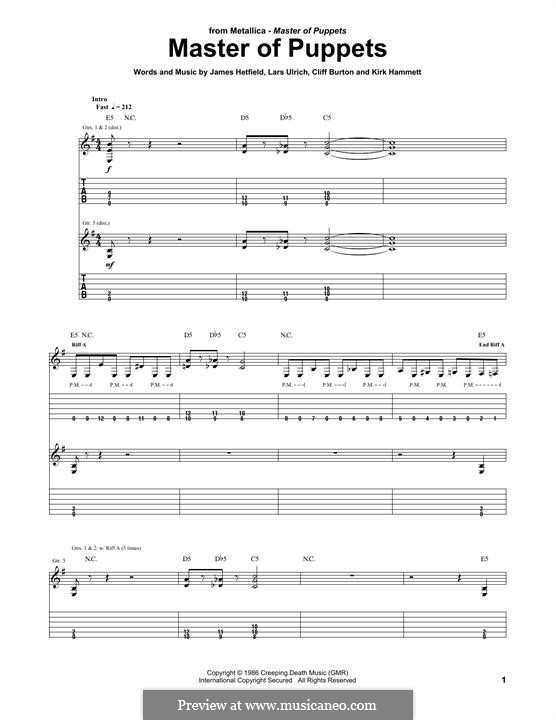 Master of Puppets (Metallica): Гитарная табулатура by Cliff Burton, James Hetfield, Kirk Hammett, Lars Ulrich