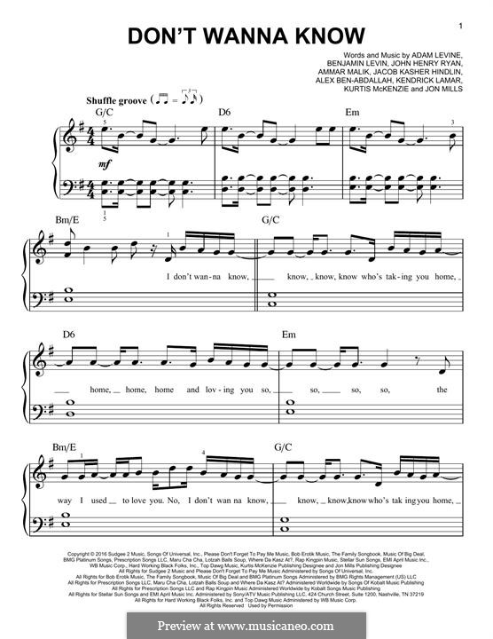 Don't Wanna Know (Maroon 5): Для фортепиано by Adam Levine, Ammar Malik, Benjamin Levin, Jacob Kasher Hindlin, Jon Mills, Kurtis McKenzie