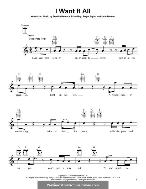 I Want it All (Queen): Для укулеле by Brian May, Freddie Mercury, John Deacon, Roger Taylor