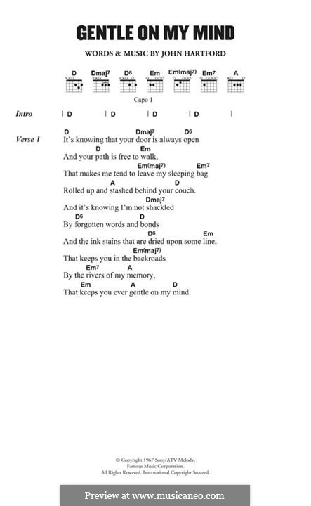 Gentle On My Mind: Текст, аккорды by John Hartford