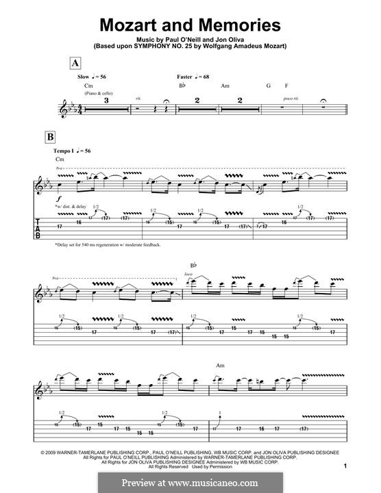 Mozart and Memories (Trans-Siberian Orchestra): Гитарная табулатура by Paul O'Neill, Jon Oliva