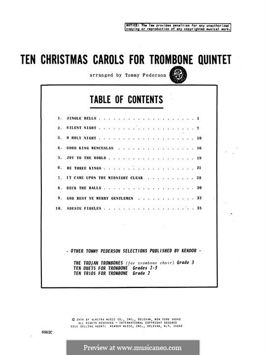 Ten Christmas Carols for Trombone Quintet: Партитура by Георг Фридрих Гендель, folklore, Франц Ксавьер Грубер, Джон Фрэнсис Уэйд, James Lord Pierpont, John H. Hopkins Jr.