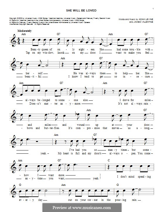 She Will Be Loved (Maroon 5): Мелодия by Adam Levine, James Valentine